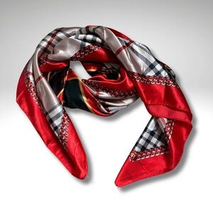 Vintage Equestrian Print Plaid Chain & Horse Motif Silk-Feel Scarf